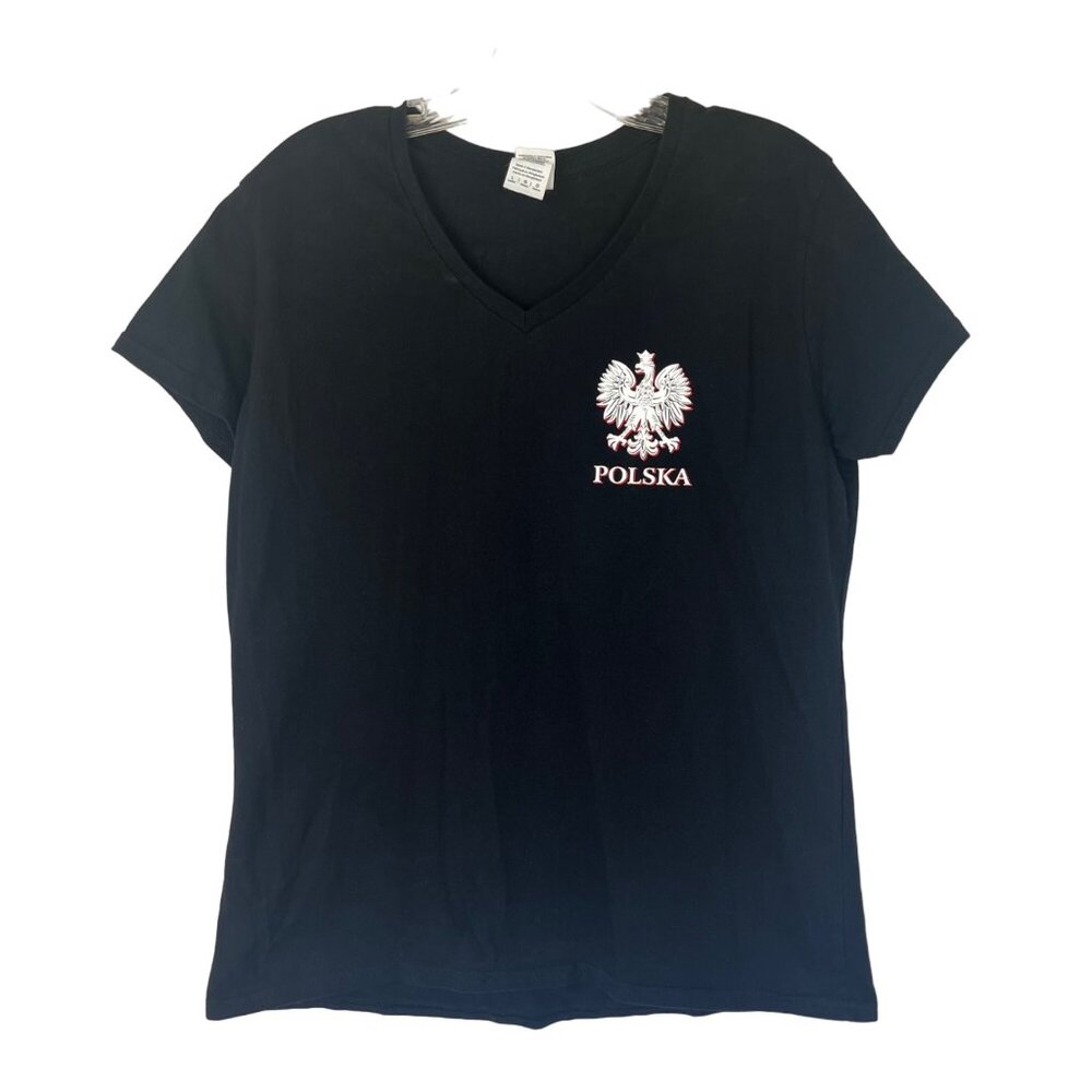 Gildan Polska Polish Eagle Emblem Tshirt Womens Large Black Vneck